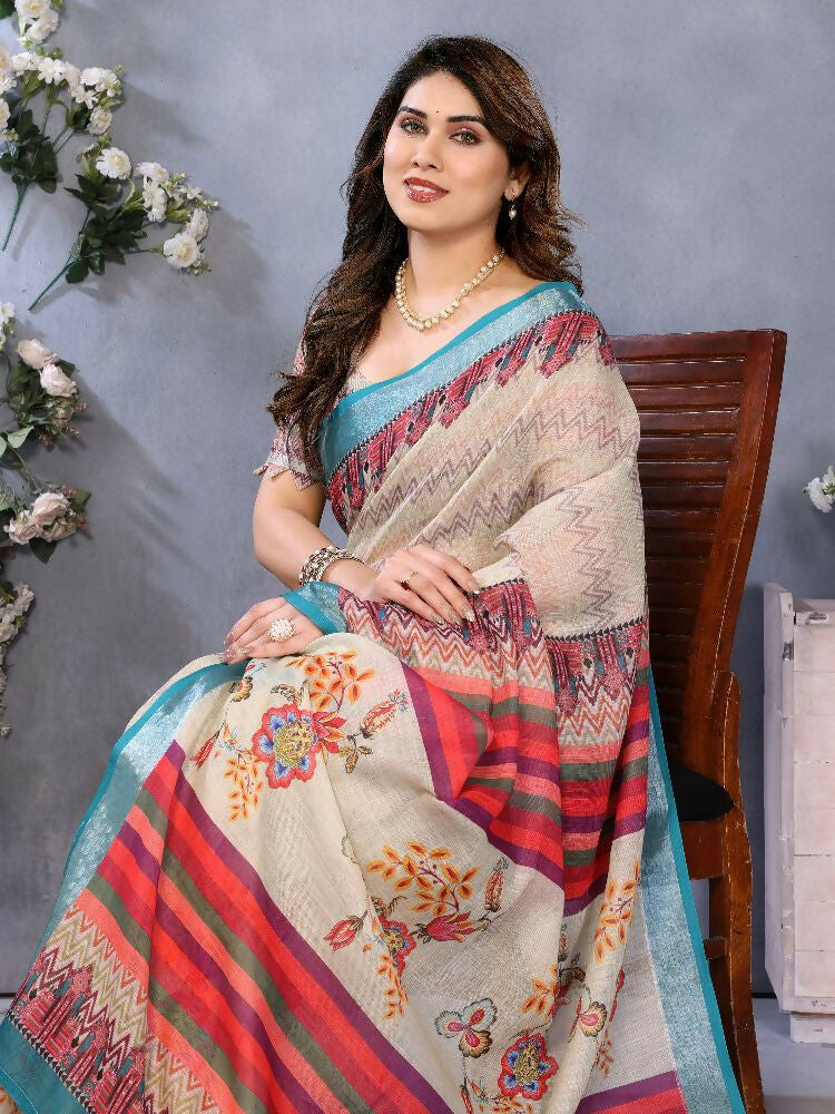 PR Fashion Cream Handloom Linen Cotton Saree