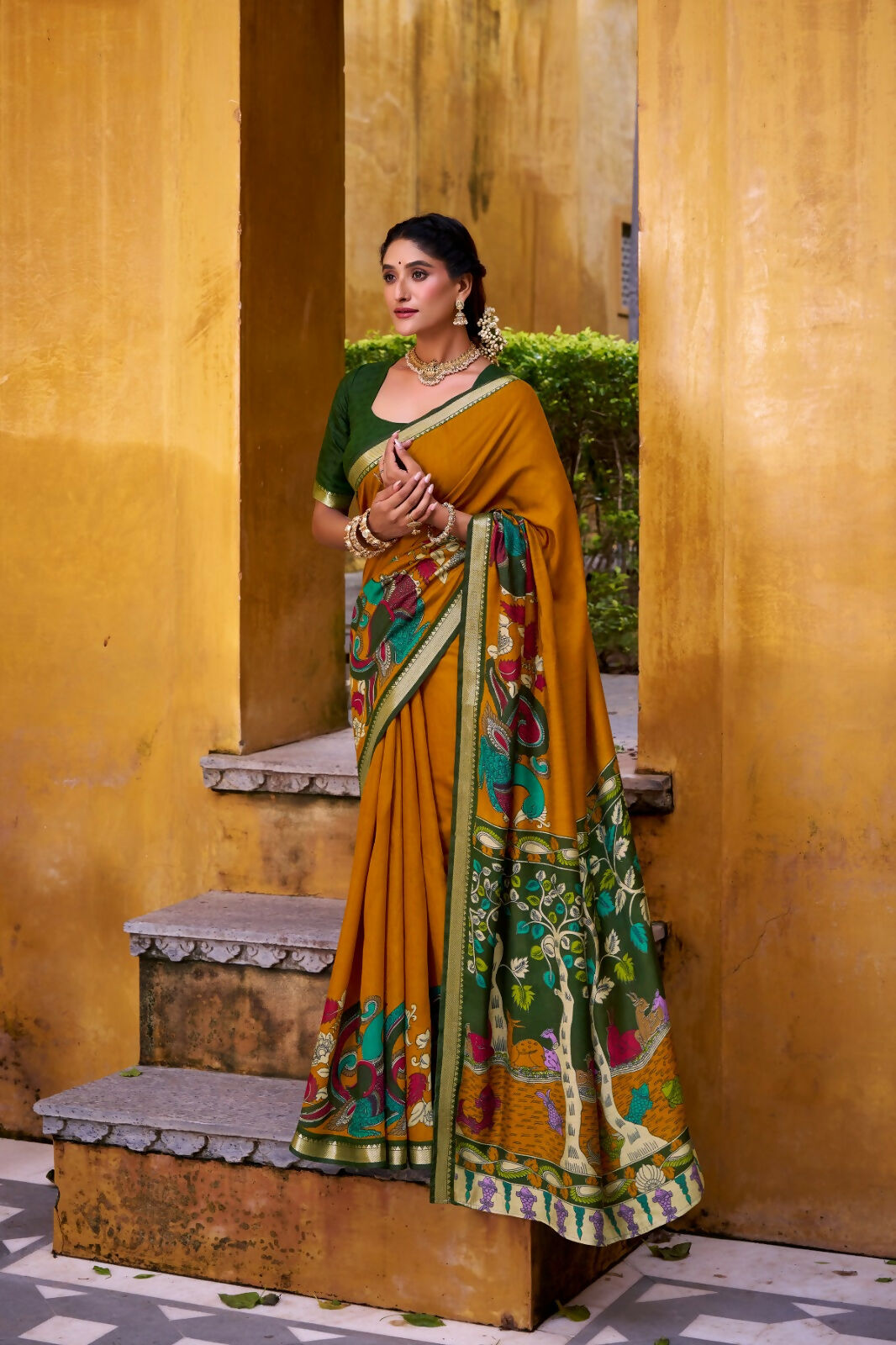 Vastranavya Mustard Viscose Chanderi Kalamkari Print with Zari Working Saree & Unstitched Blouse - Distacart