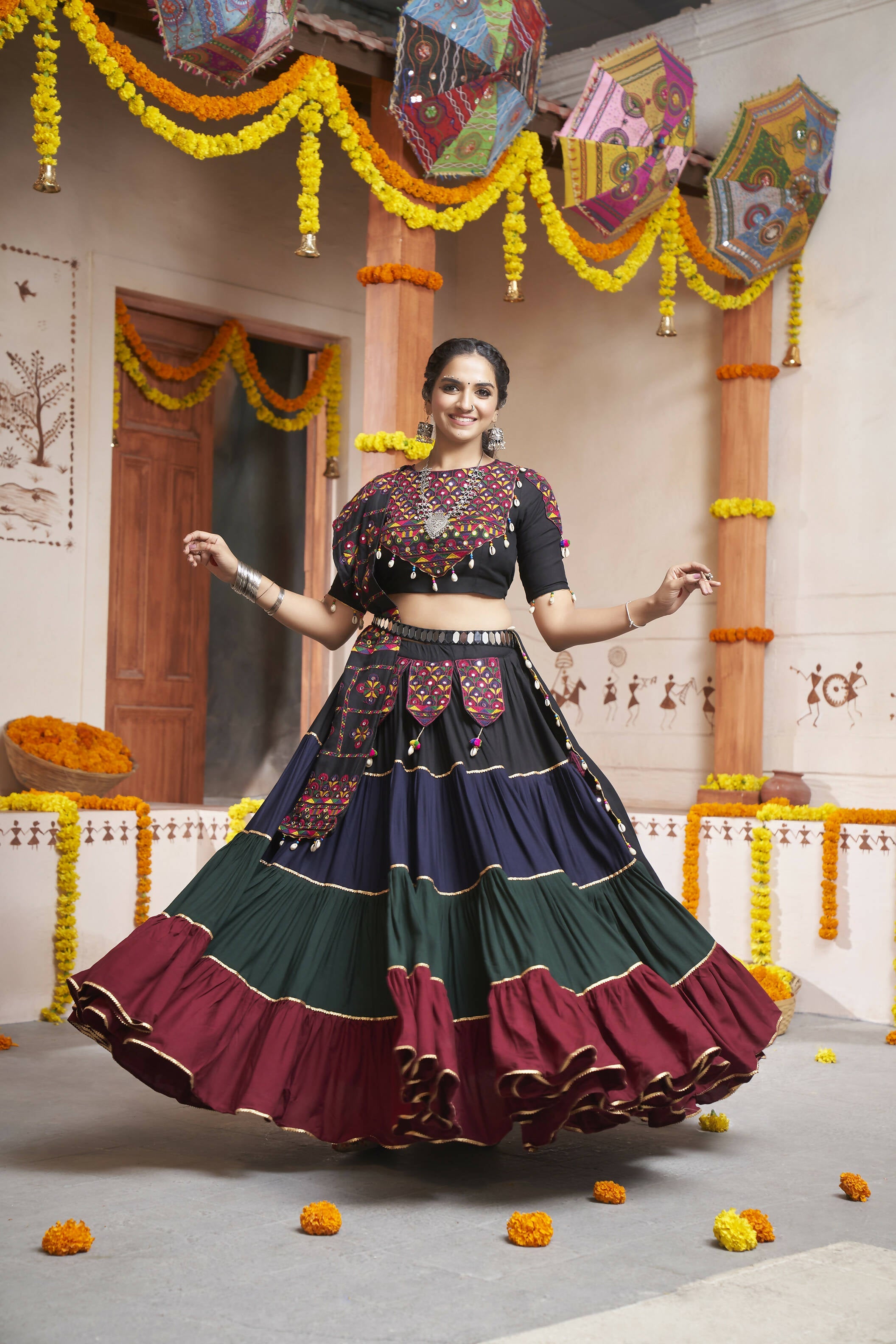 Multi Color Viscose Rayon Thread Embroidery with mirror work Navratri Lehenga Choli with Dupatta - Raas