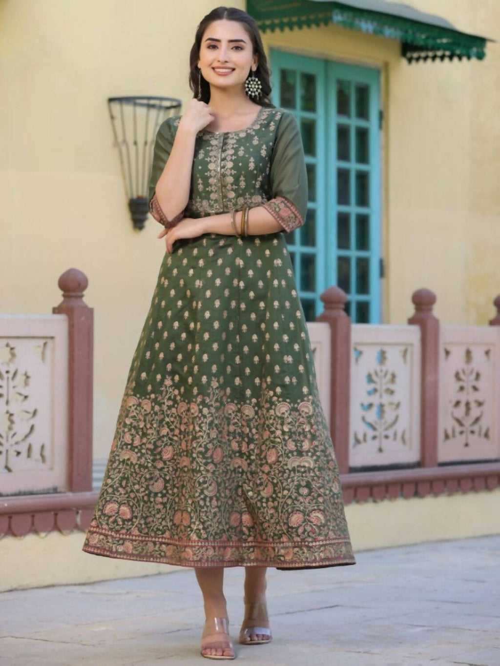 Juniper Women Olive Chanderi Printed Maxi Dress with Embroidered Yoke - Distacart