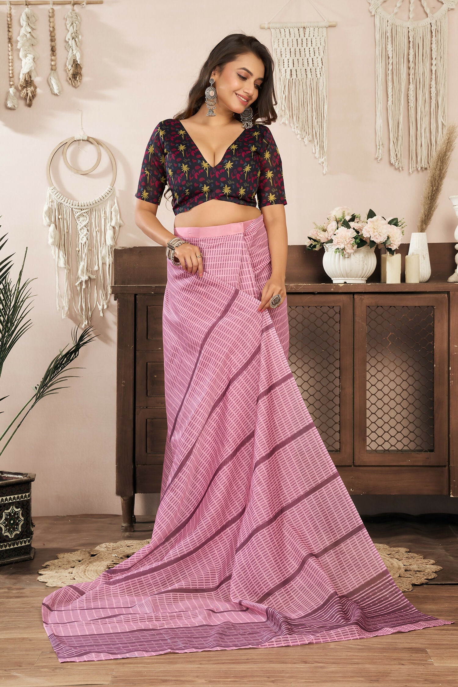 Joban Fashion Coral Pink Paisley & Geomatric Linen Ready To Wear Saree With Unstitched Blouse - Distacart
