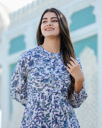 Kaajh Women's White-Blue Hand Block Printed Cotton Top