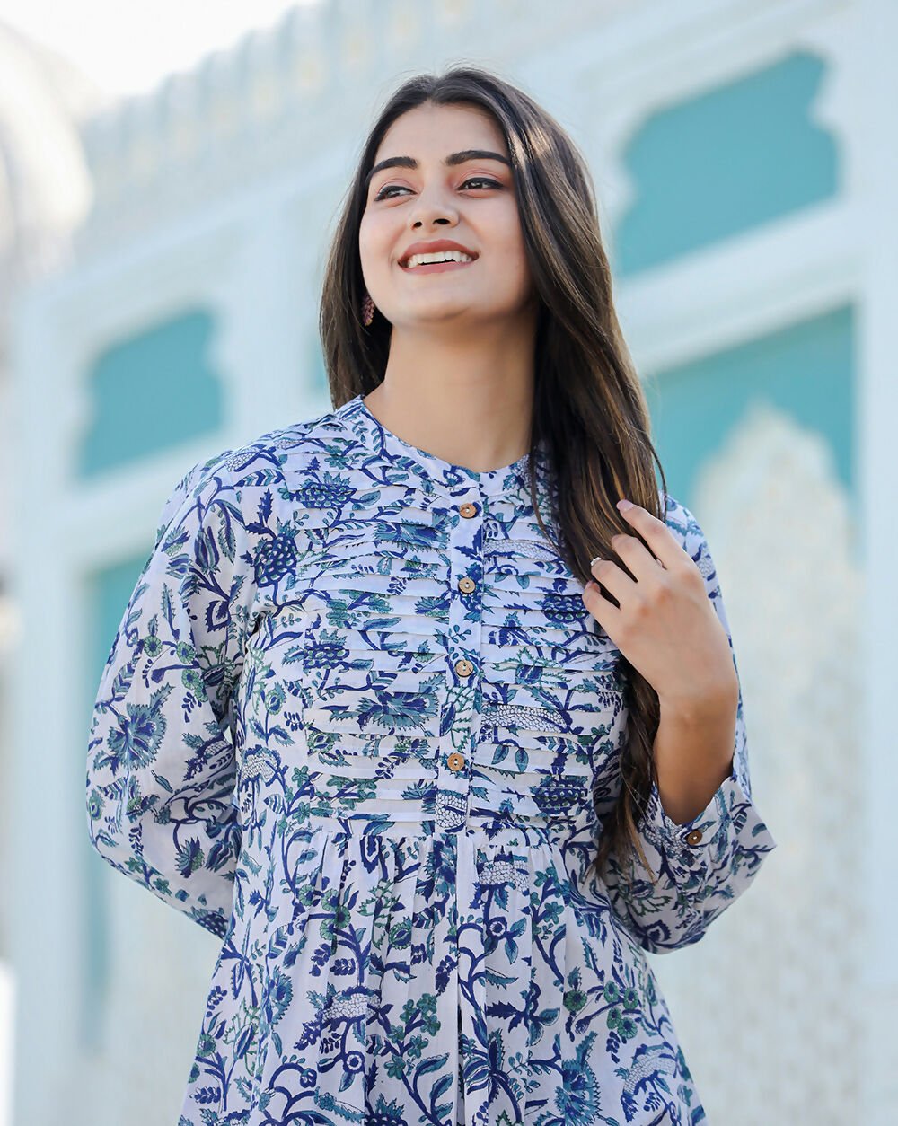 Kaajh Women's White-Blue Hand Block Printed Cotton Top