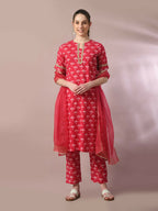Myshka Women's Pink Printed Cotton Straight Party Kurta Set With Dupatta