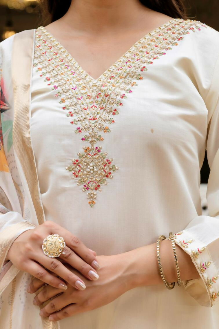 The52 White Women's Beautiful Viscose Chanderi Fabric Embroidered Work Straight Kurta Pant and Dupatta Set - Distacart