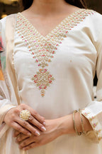 The52 White Women's Beautiful Viscose Chanderi Fabric Embroidered Work Straight Kurta Pant and Dupatta Set - Distacart