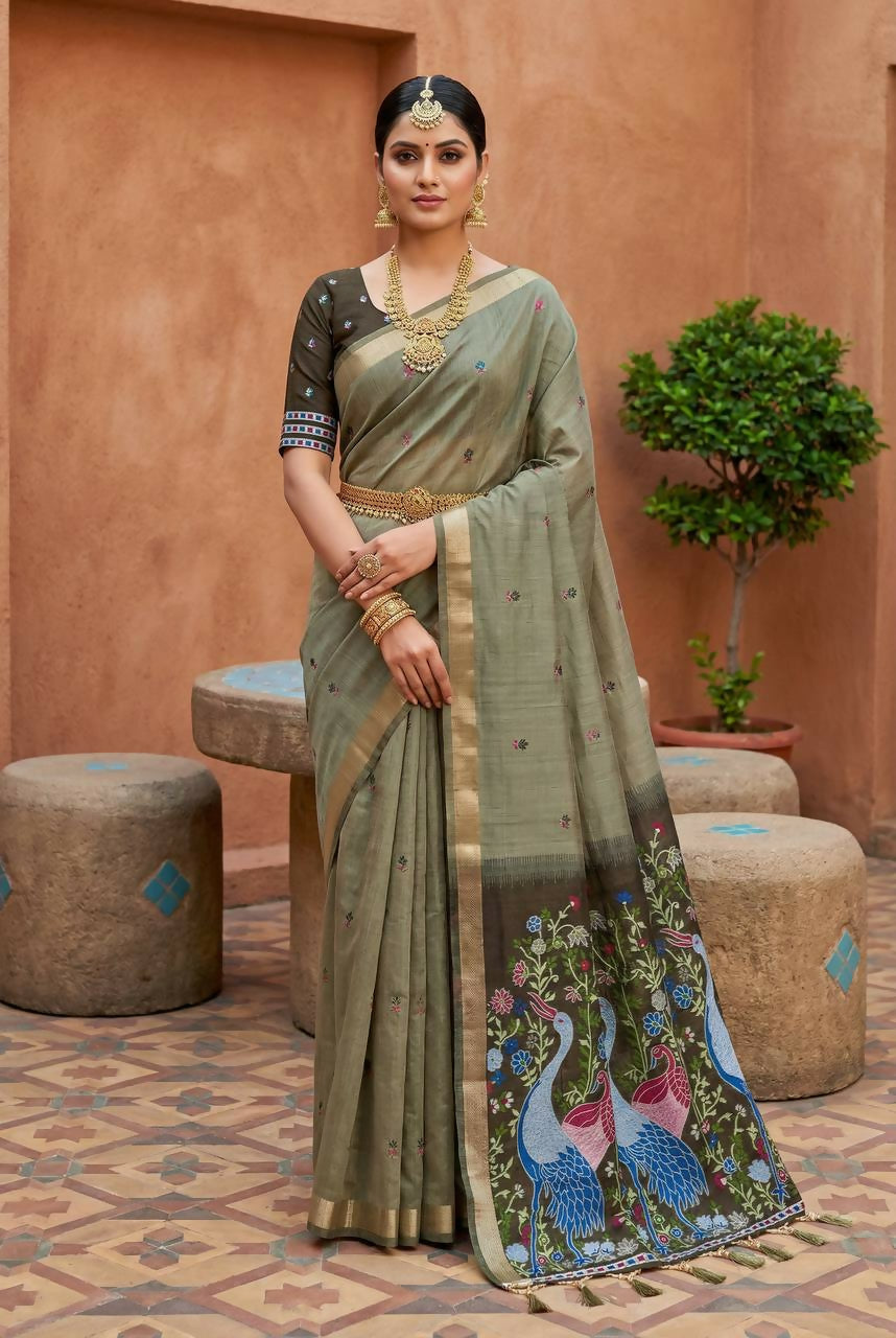 Vastranavya Mehendi Muga Cotton Meenakari & Azarakh Pallu Saree with Contrast Blouse - Distacart