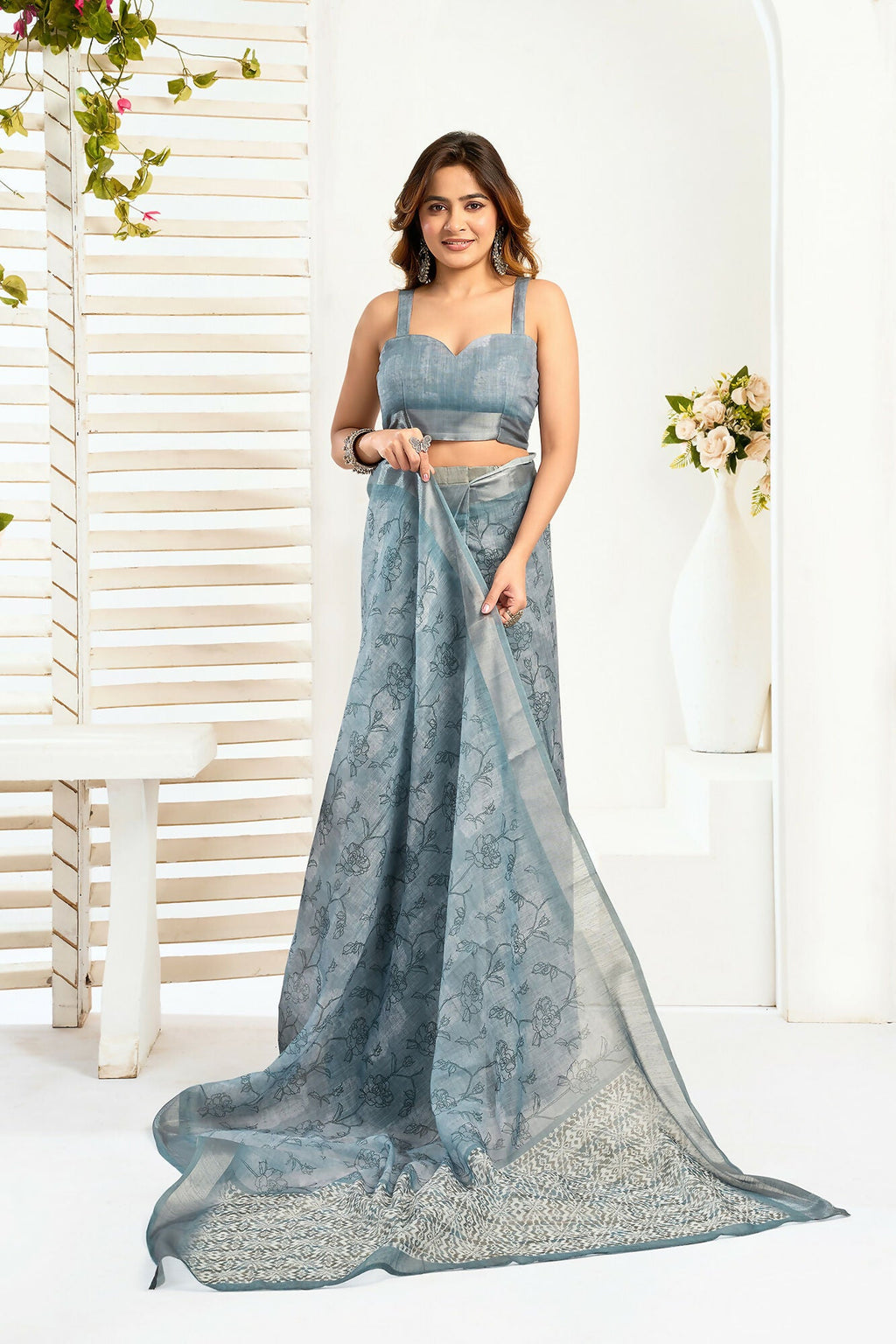 Vastranavya Sea Blue Digital Printed Linen Ready To Wear Designer Saree with Unstitched Blouse - Distacart