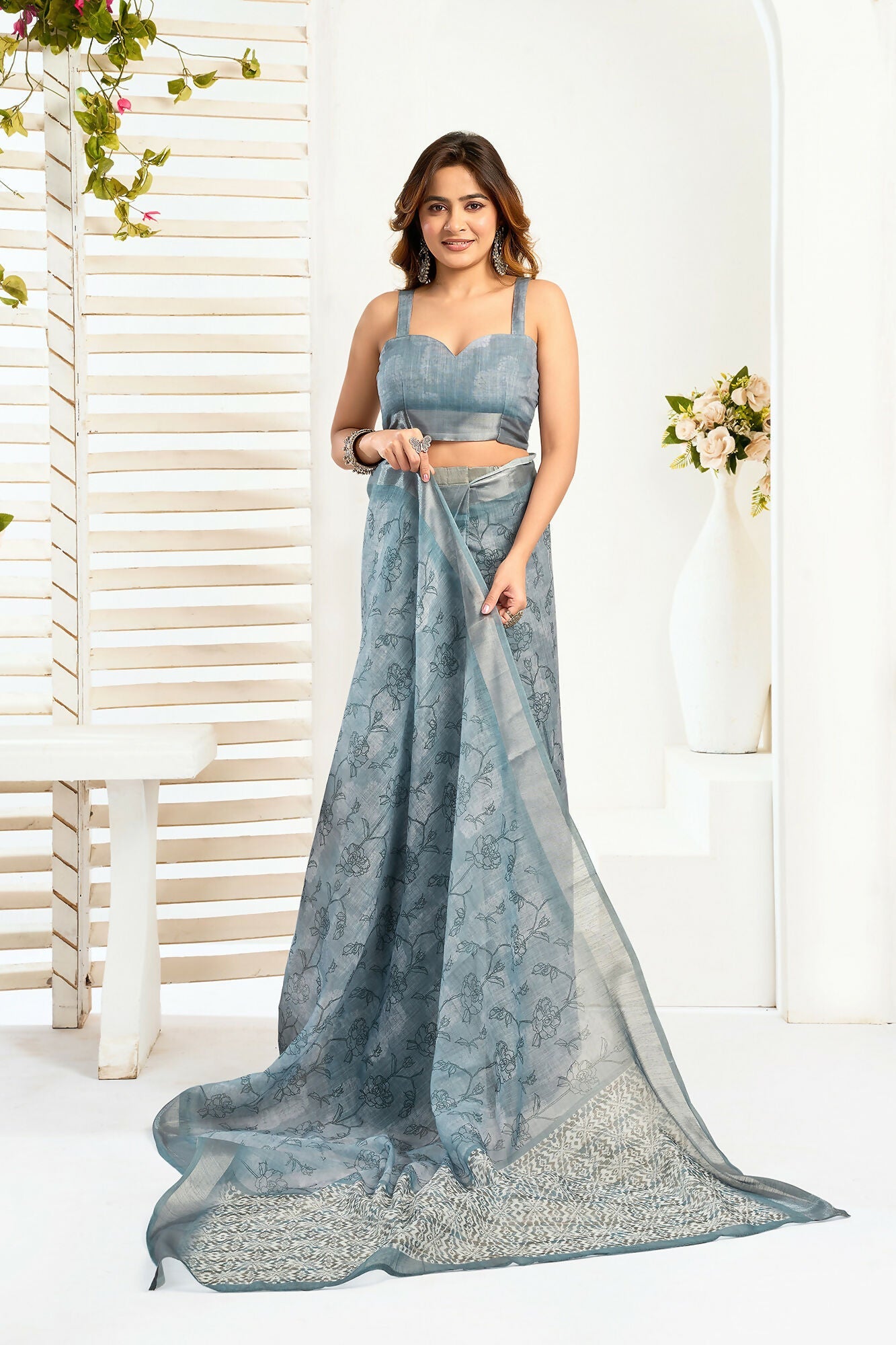 Vastranavya Sea Blue Digital Printed Linen Ready To Wear Designer Saree with Unstitched Blouse - Distacart