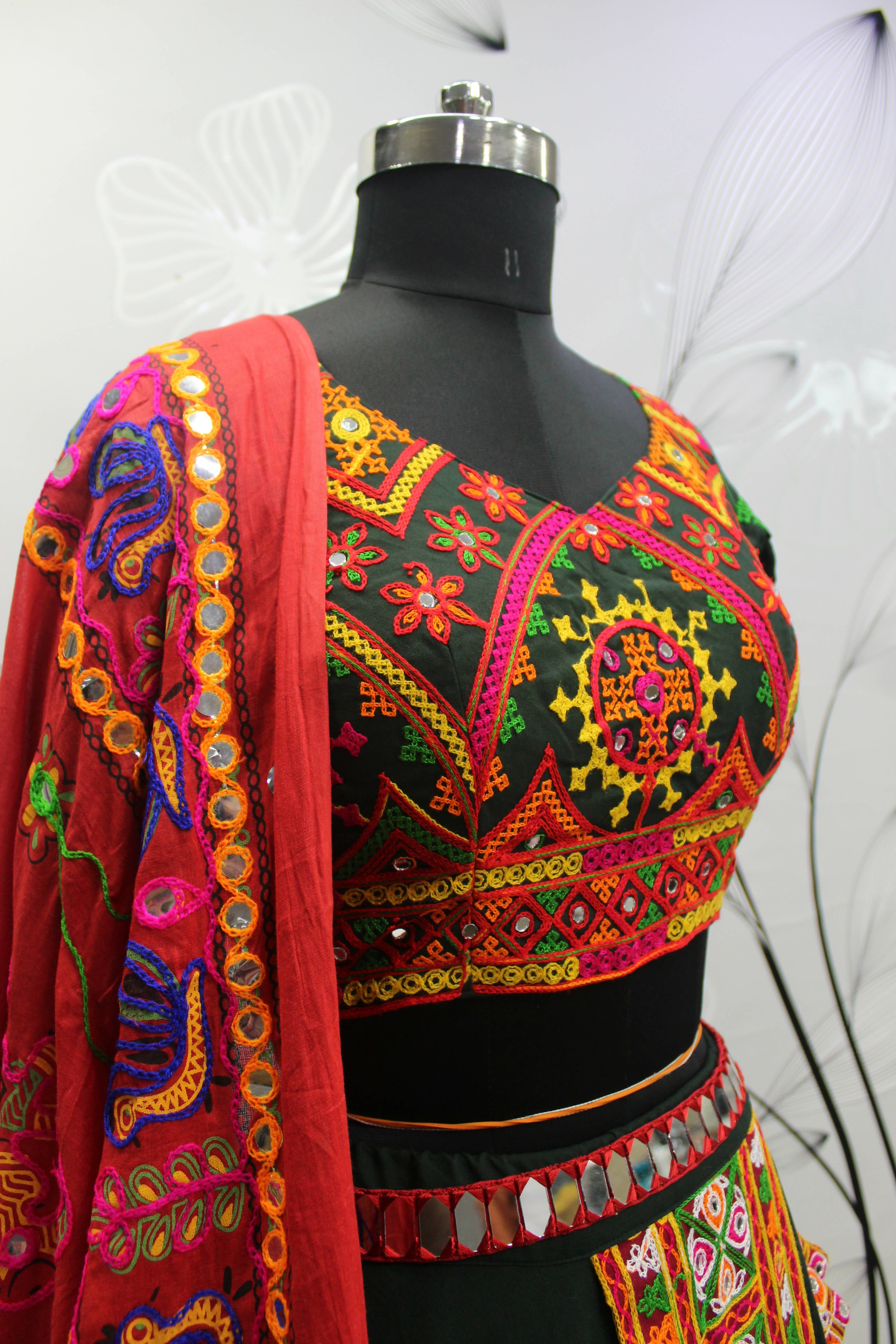 Green Viscose Rayon Thread Embroidered Navratri Lehenga Choli with Dupatta - Raas