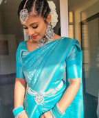 DEIANA'S Beautiful Designer Golden zari Soft Lichi Silk Saree - Sky