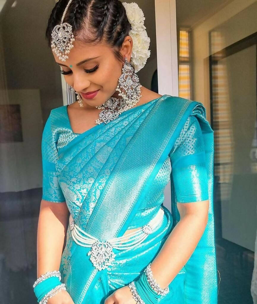 DEIANA'S Beautiful Designer Golden zari Soft Lichi Silk Saree - Sky