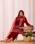 Joban Fashion Red Velvet Embroidery Sequence Work Readymade Kurta Set - Distacart