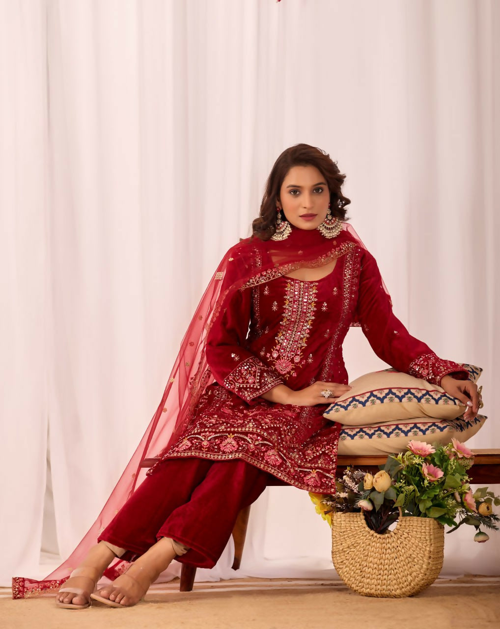 Joban Fashion Red Velvet Embroidery Sequence Work Readymade Kurta Set - Distacart