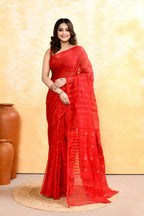 Piyari Fashion Women's Red Embellished Cotton Blend Jamdani Saree - Distacart