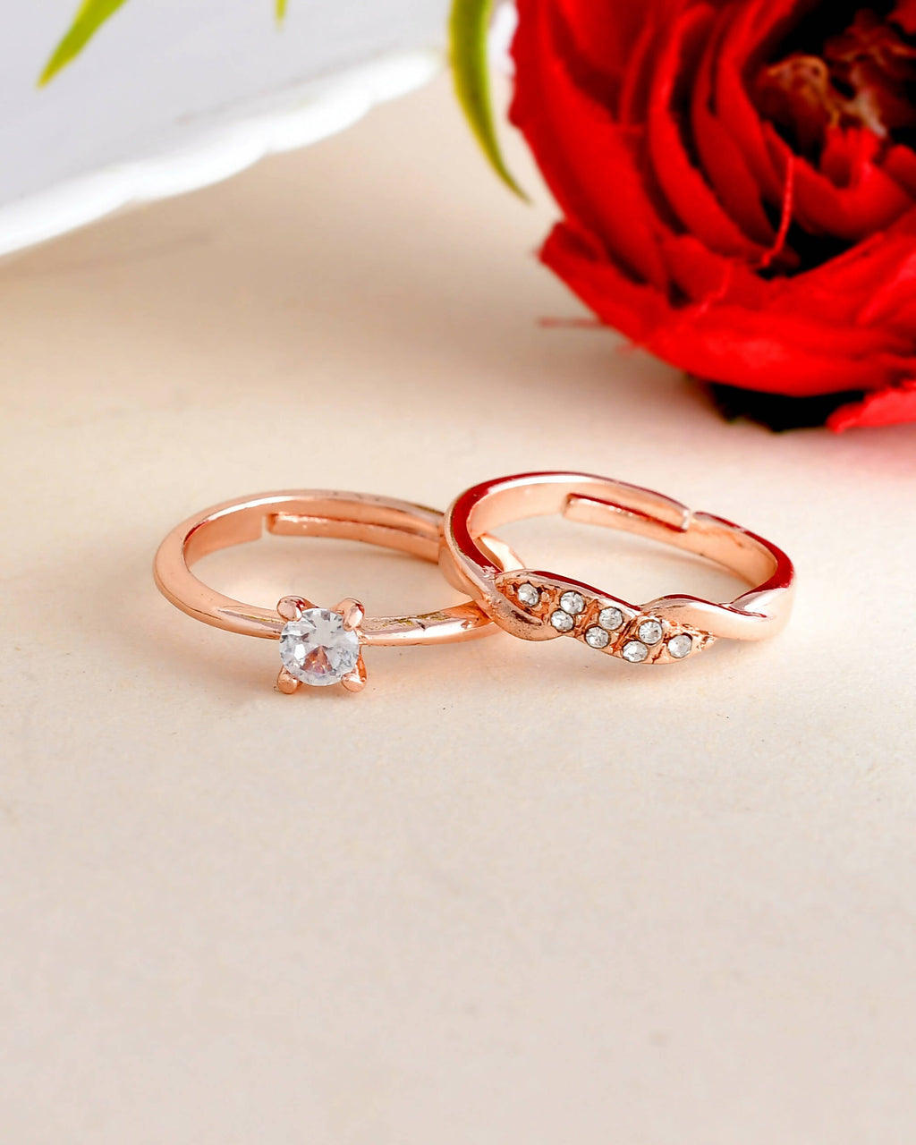 VOJ Stainless Steel Cubic Zirconia Rose Gold-Polished Adjustable Ring Set for Couple