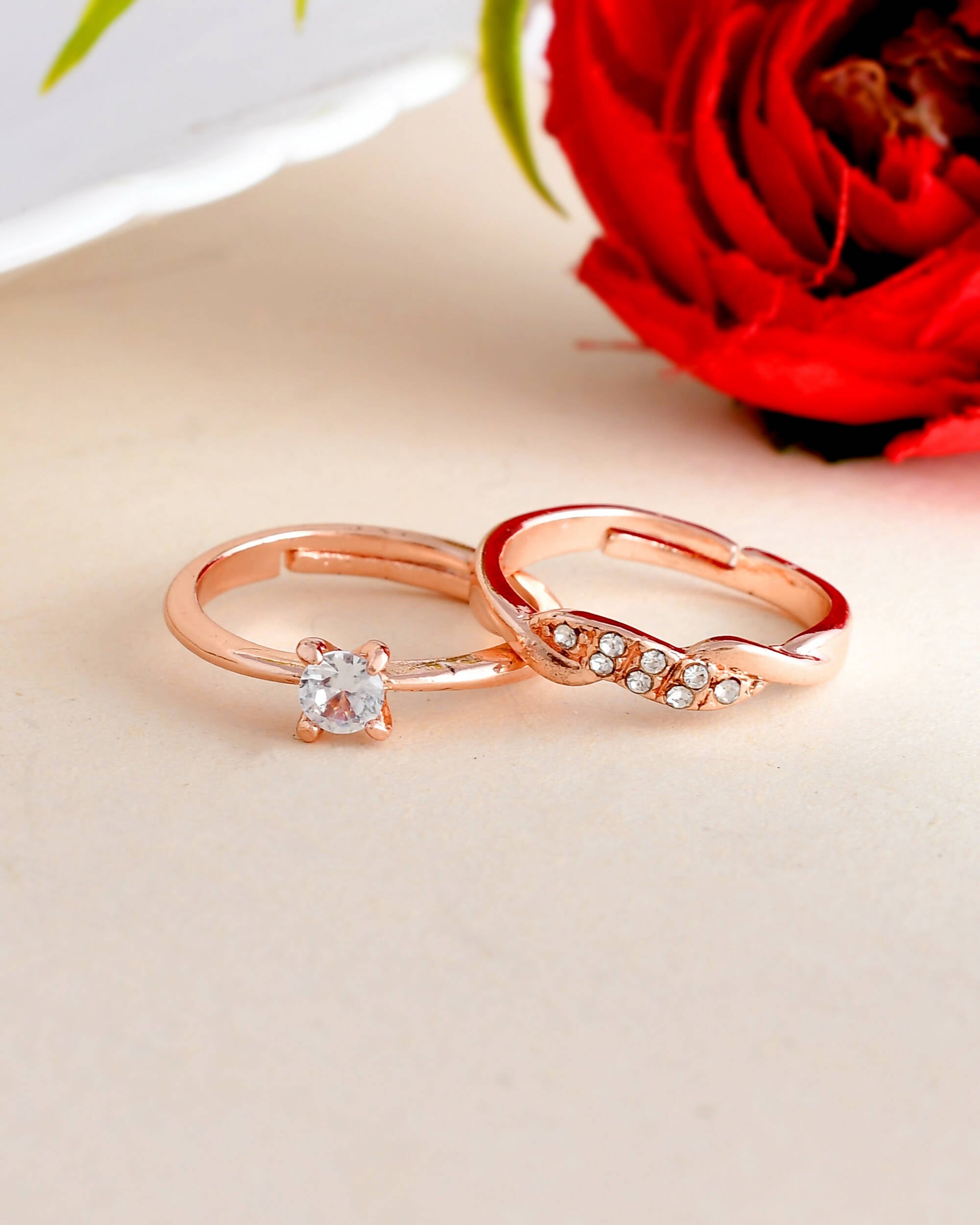 VOJ Stainless Steel Cubic Zirconia Rose Gold-Polished Adjustable Ring Set for Couple