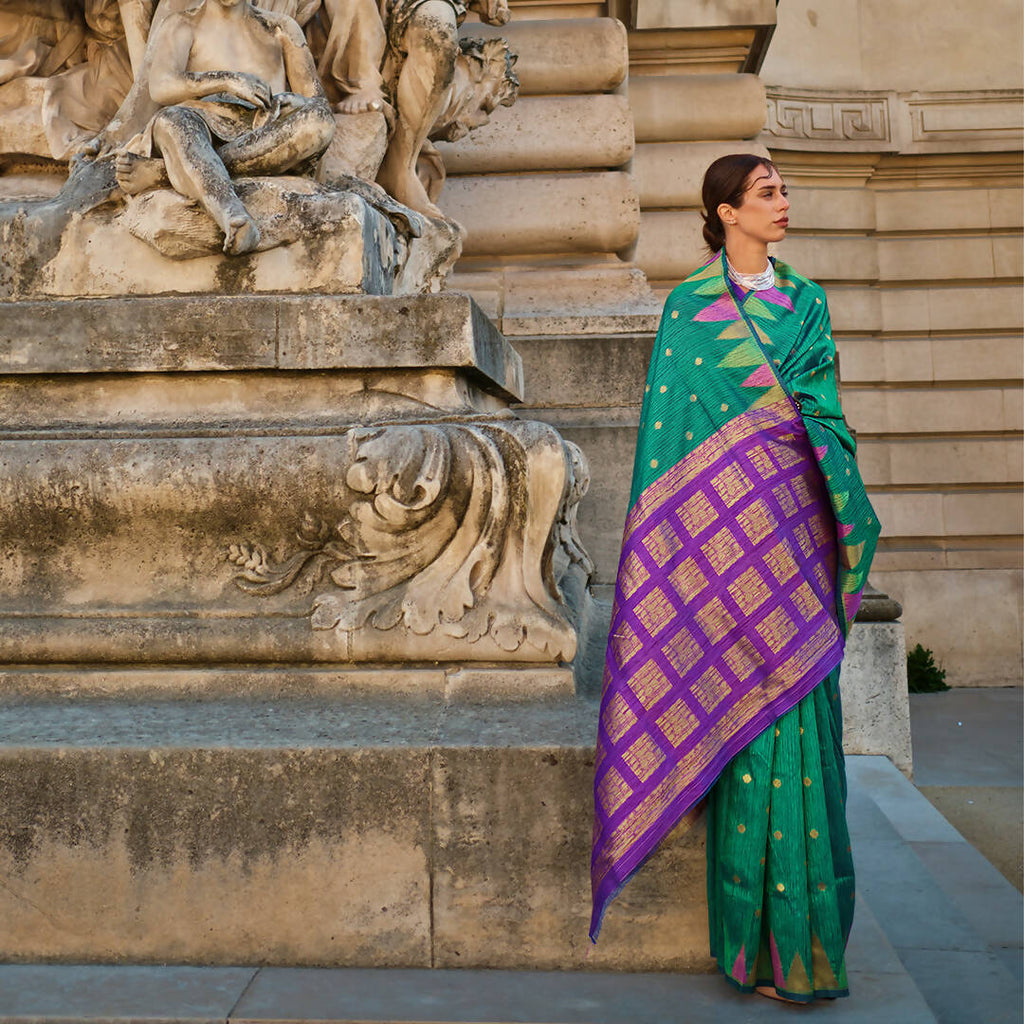 Teal Green Handloom Khaddi Silk Saree With Contrast Pallu & Blouse - Rajtex Khwaab Silk