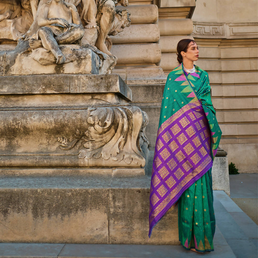 Teal Green Handloom Khaddi Silk Saree With Contrast Pallu & Blouse - Rajtex Khwaab Silk