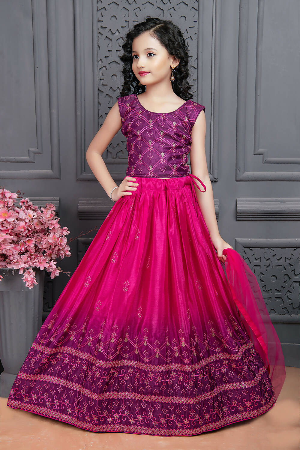 Kids Wedding Designer Pink Soft Chinon Silk Lehenga Choli - Aaradhna