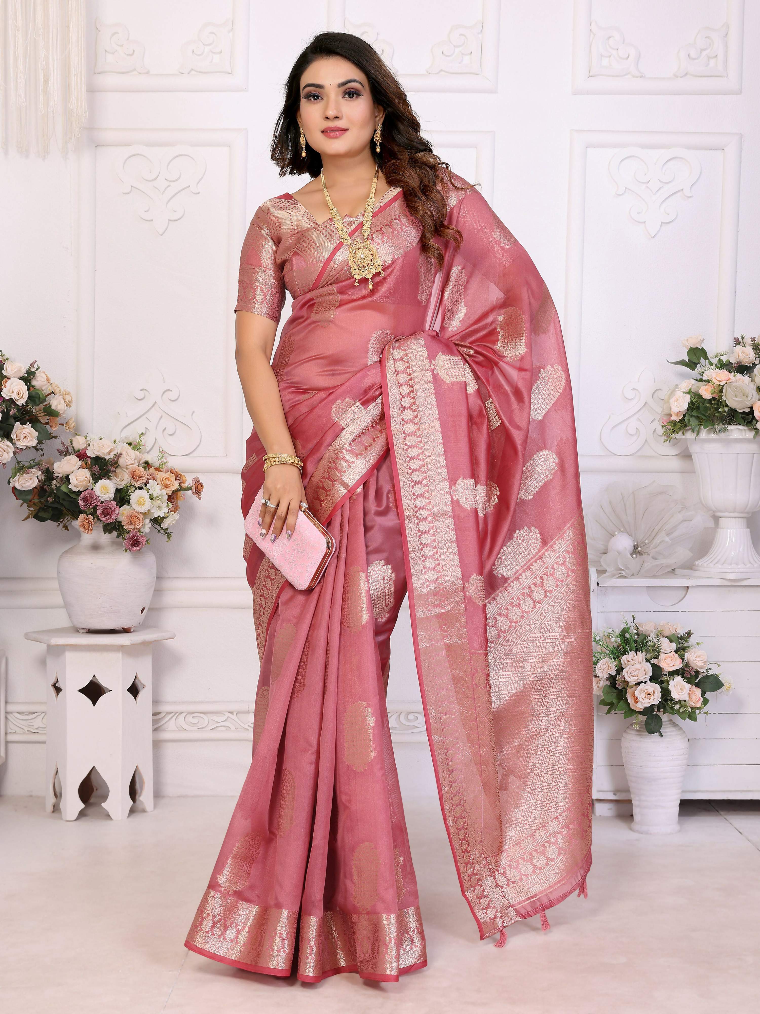 Aastha Fashion Dusty Rose Soft Organza Silk Weaving Saree - Distacart