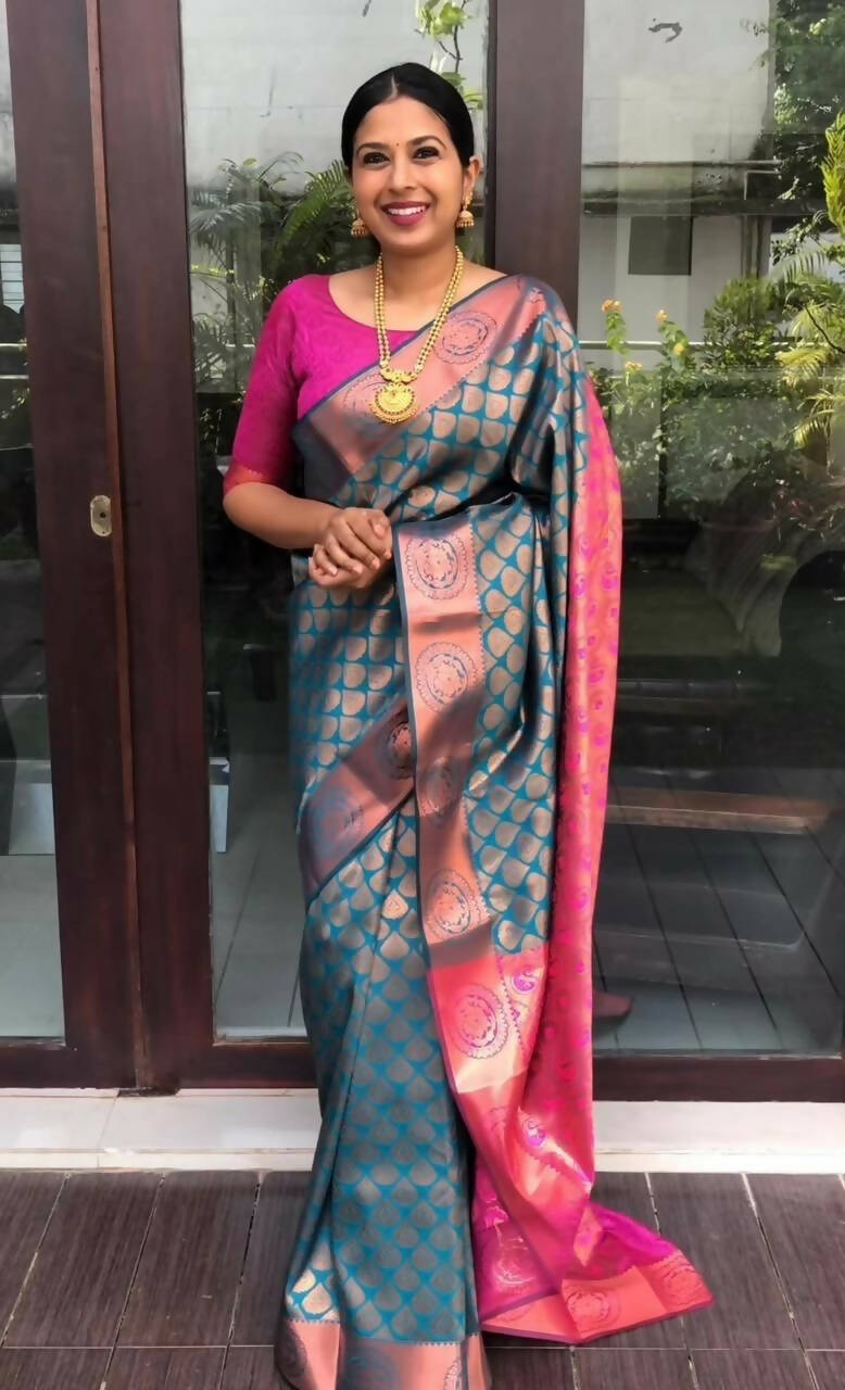 DEIANA'S Beautiful Designer Golden zari Soft Lichi Silk Saree - Blue