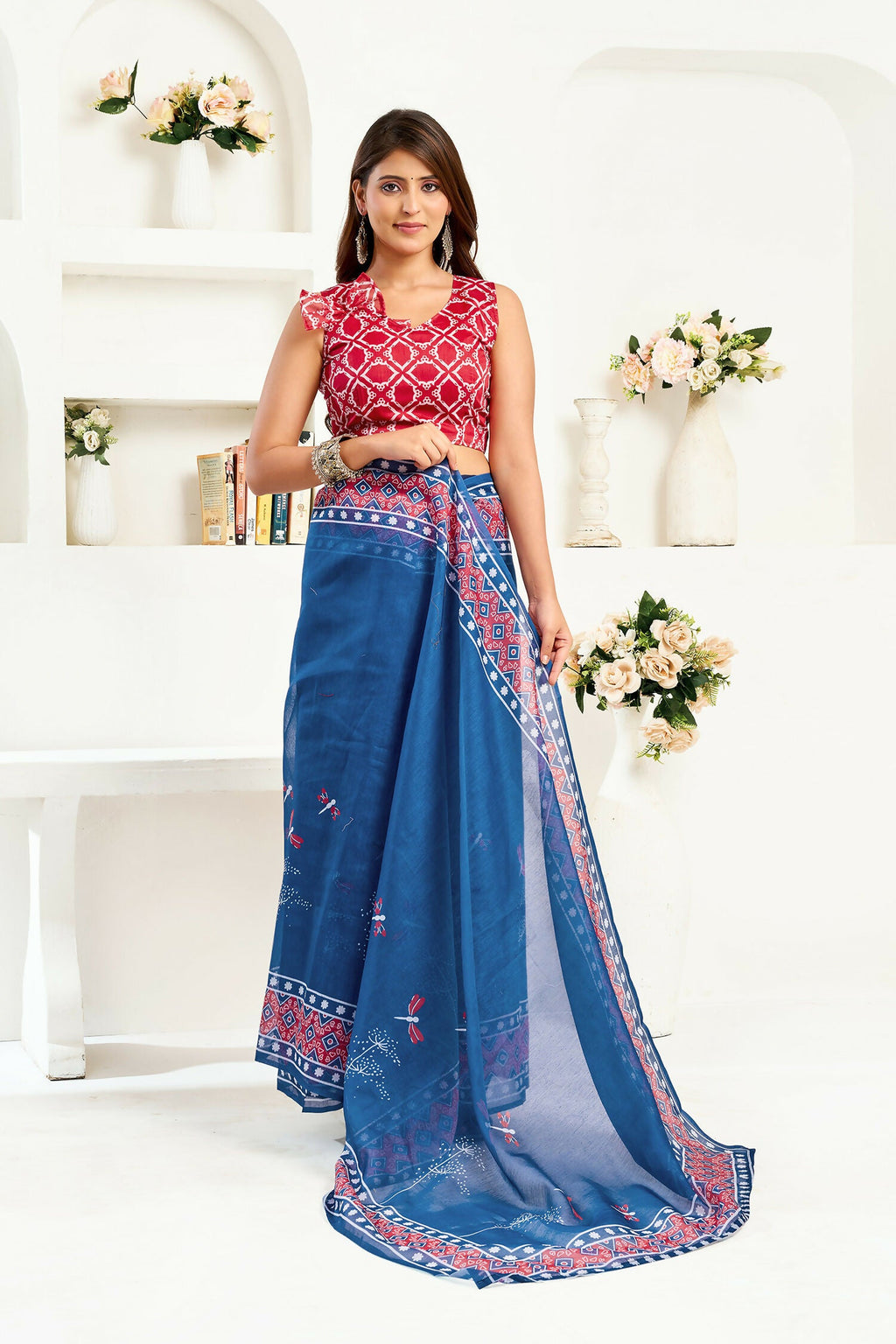 Joban Fashion Navy Blue Kalamkari & Ajrakh Linen Ready To Wear Saree With Unstitched Blouse - Distacart