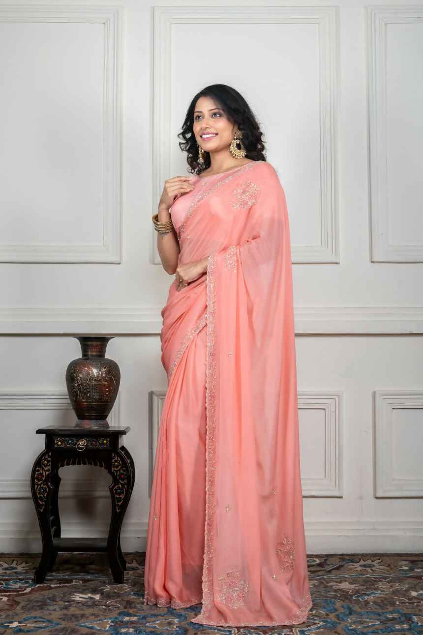 Morchari Peach Chiffon Hand Embroidery Saree And Stitched Blouse - Distacart