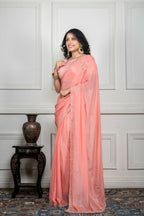 Morchari Peach Chiffon Hand Embroidery Saree And Stitched Blouse - Distacart