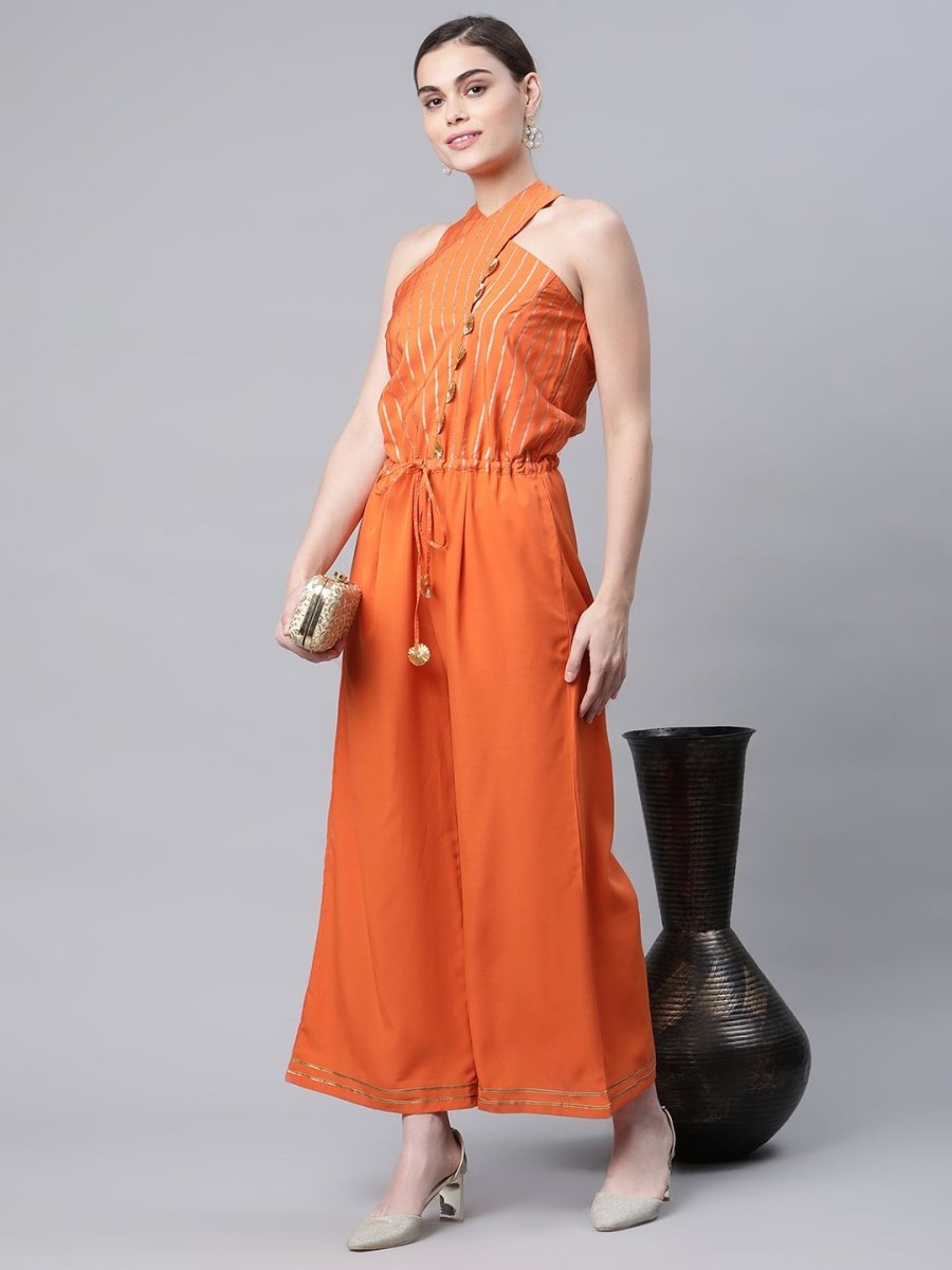 Ahalyaa Womens Orange Crepe Gold Stripped Print Jumpsuit - Distacart