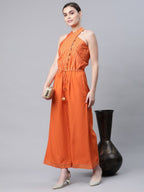 Ahalyaa Womens Orange Crepe Gold Stripped Print Jumpsuit - Distacart