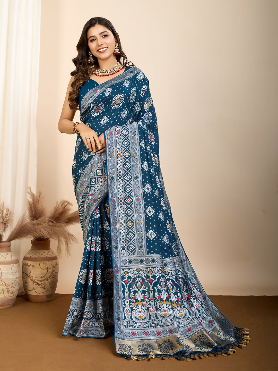 Teal Blue Soft Silk Woven Meenakari Designer Saree - Vedanti