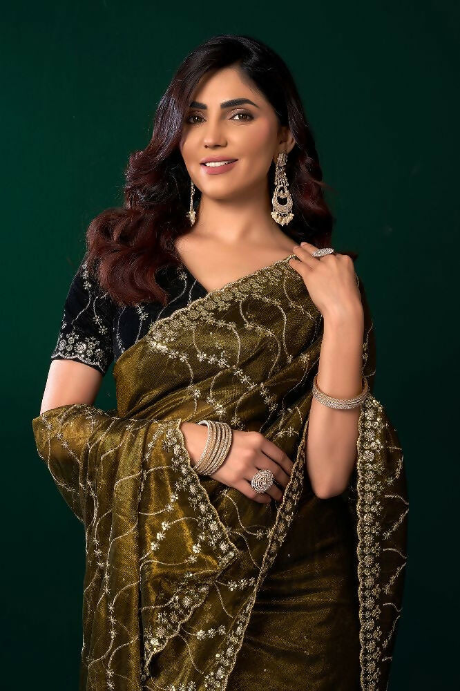 Joban Fashion Mehandi Green Net Party Wear Sarees - Distacart