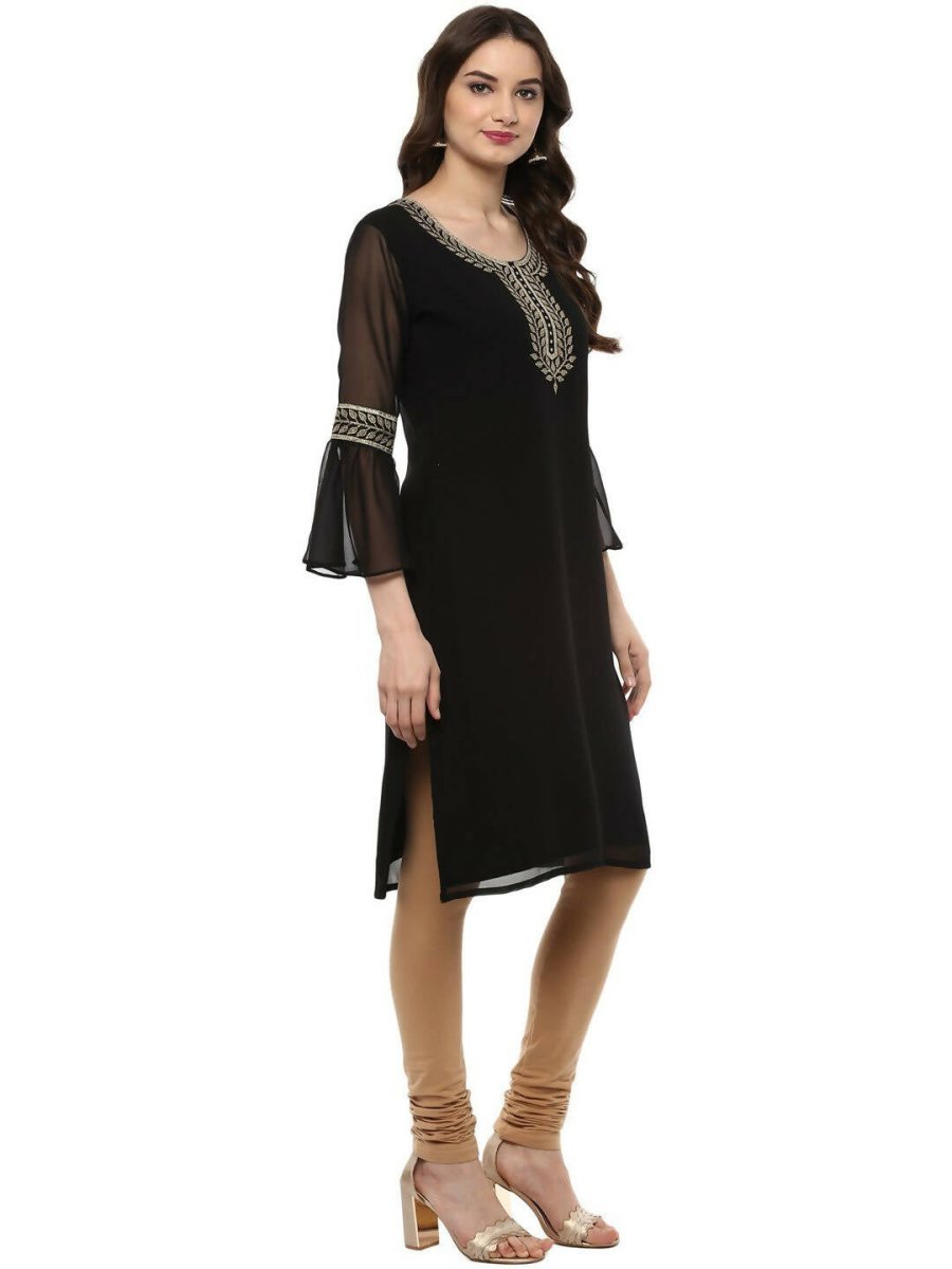 Ahalyaa Women's Black Georgette Glitter Print Kurta - Distacart