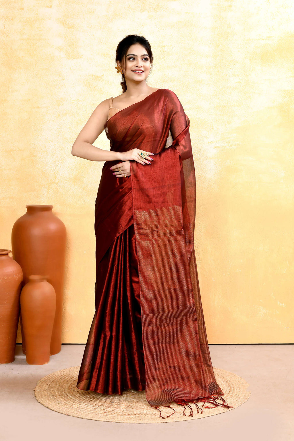 Piyari Fashion Women's Maroon Dual Tone Organic Tissue Saree With Blouse Piece - Distacart