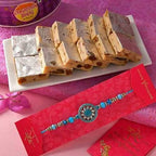 Sea Blue Beads & Stones Rakhi With Kaju Anjeer Barfi Combo