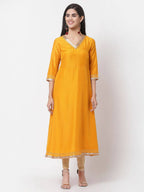 Myshka Yellow Printed Silk Blend 3/4 Sleeve V Neck Casual Kurta Dupatta Set