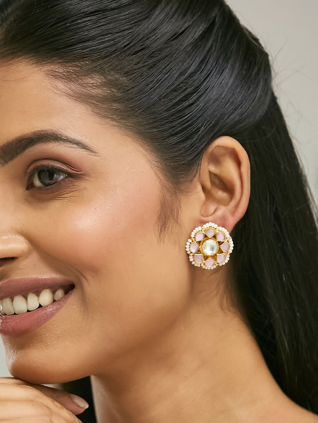 Nuyug 22K Gold-Plated Pink Kundan Studded & Beaded Floral Shaped Studs - Distacart
