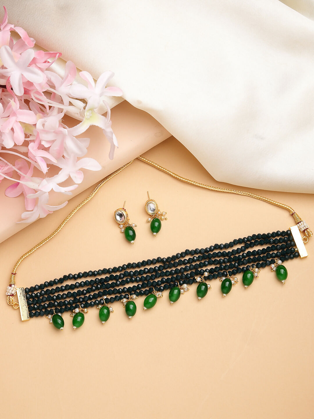 NVR Women's Green Artificial Beads Layered Necklace with Drop Earring
