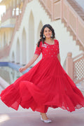 Joban Fashion Red Georgette Sequence Embroidery Work Gown - Distacart