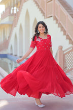 Joban Fashion Red Georgette Sequence Embroidery Work Gown - Distacart