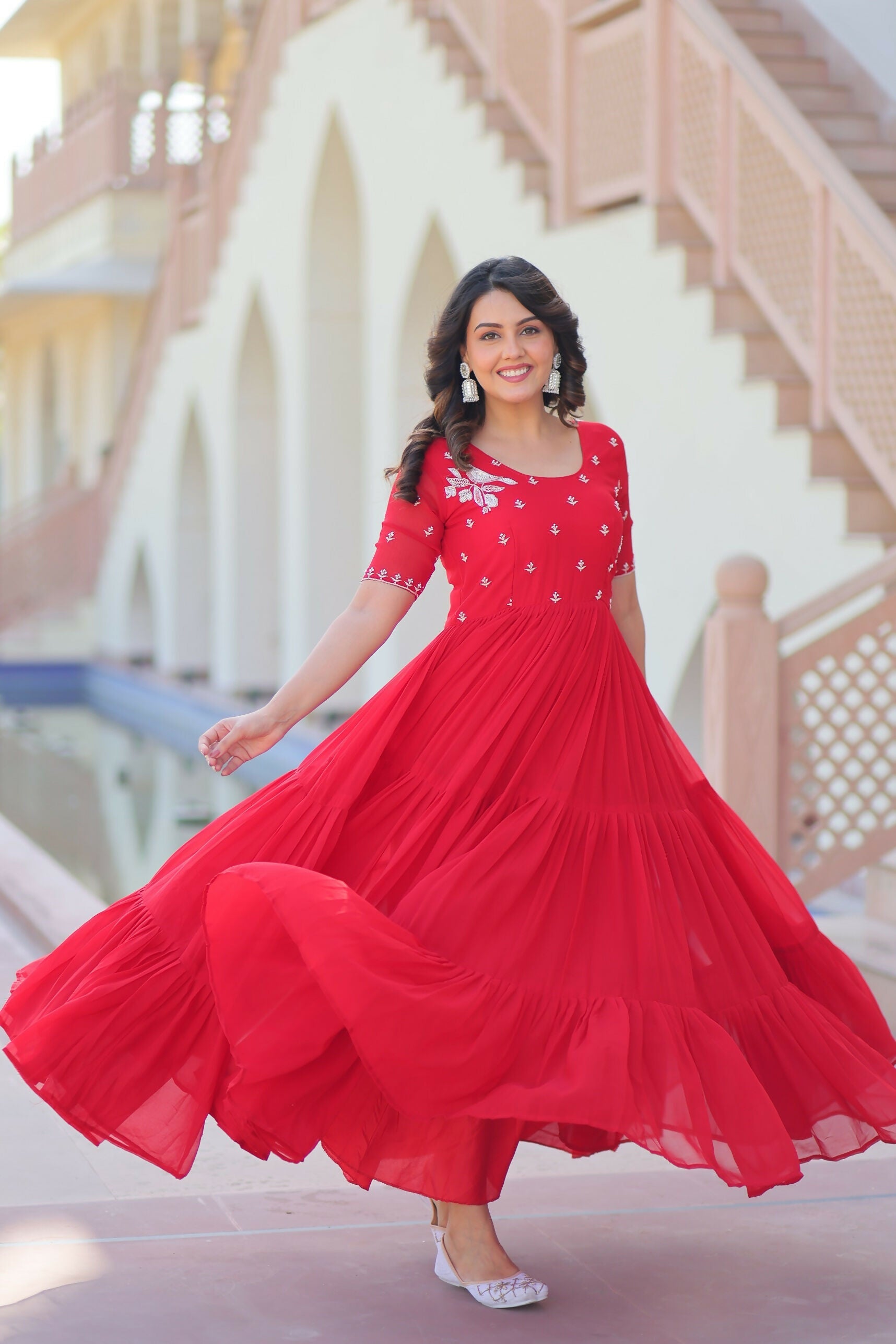 Joban Fashion Red Georgette Sequence Embroidery Work Gown - Distacart