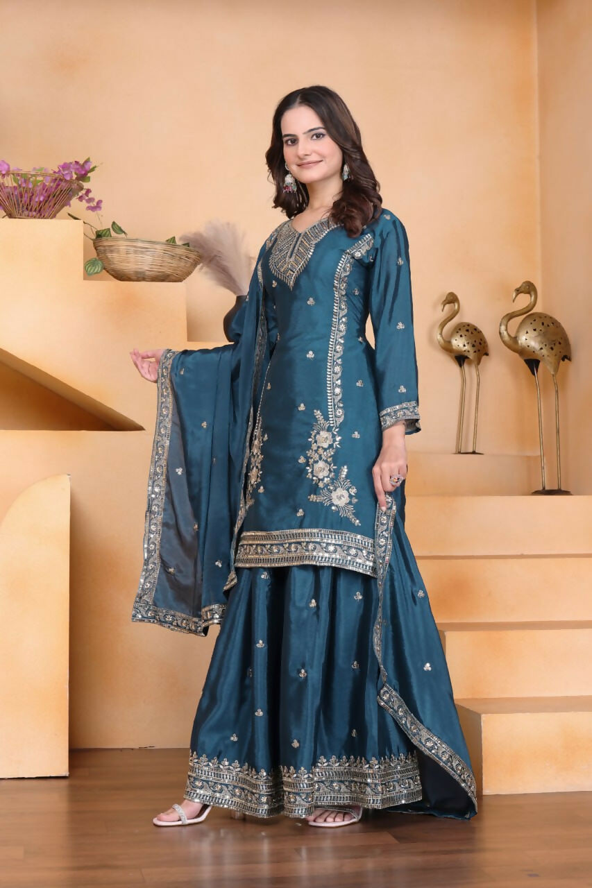 Joban Fashion Teal Crepe Embroidered Sharara Set - Distacart