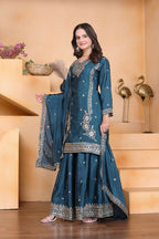 Joban Fashion Teal Crepe Embroidered Sharara Set - Distacart
