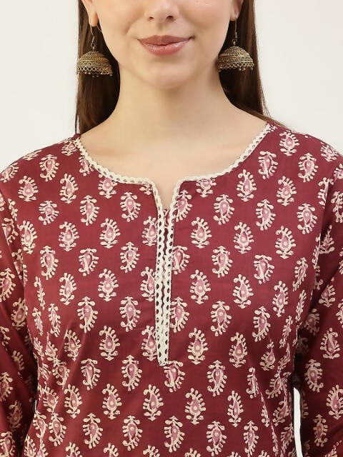 FIORRA Women's Maroon Cotton Straight Kurta Pant With Dupatta