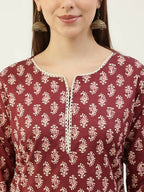 FIORRA Women's Maroon Cotton Straight Kurta Pant With Dupatta
