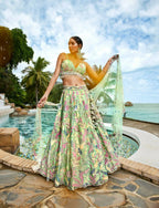 House of Panchhi Lime Green Organza Sequins And Mirror Embroidery Lehenga Choli & Dupatta