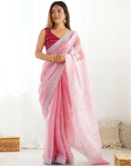Joban Fashion Shimmer Chiffon Pastel Pink Color Sequence Saree - Distacart