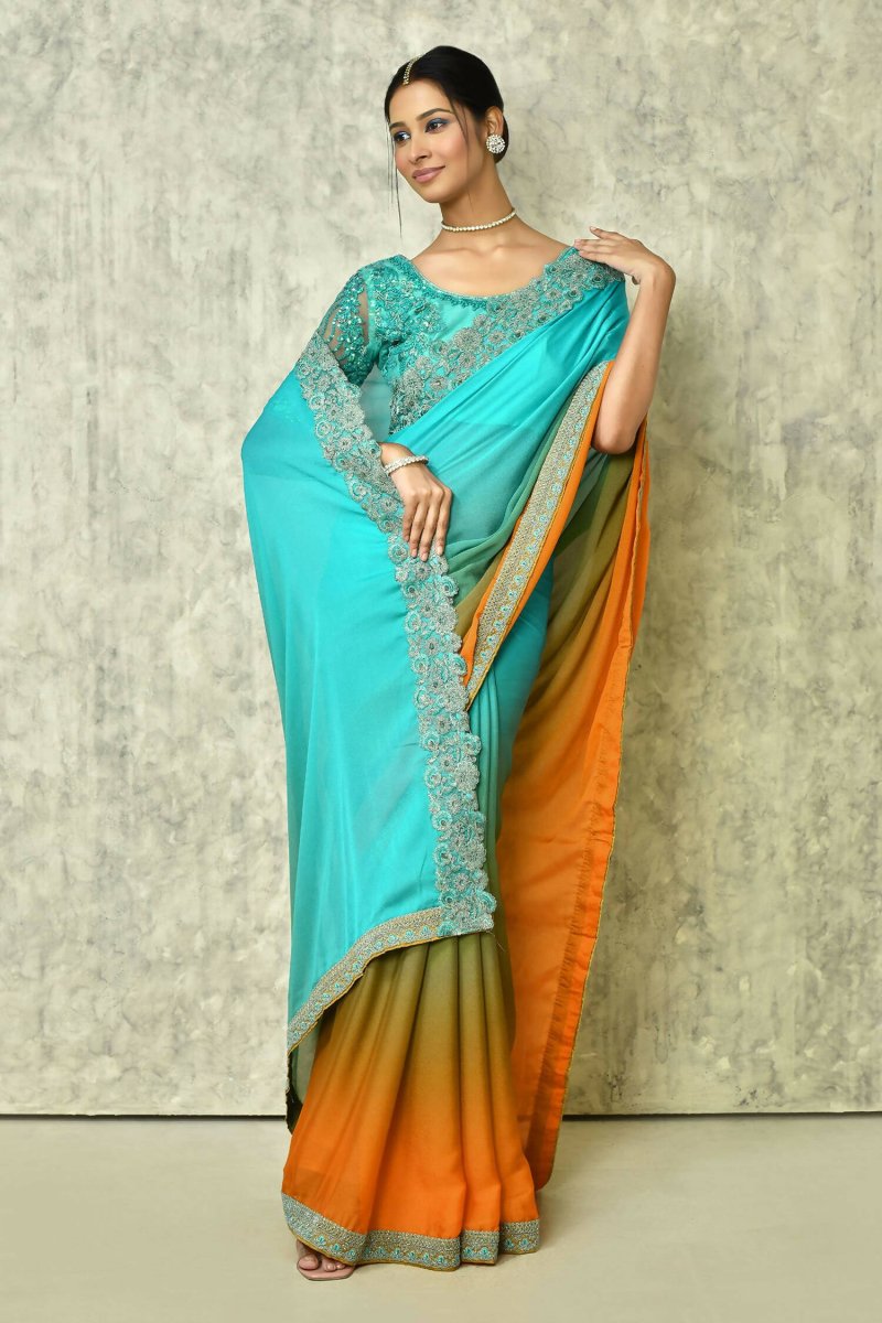 Aqua Blue Silk Plain Saree with Blouse Piece - Purvi