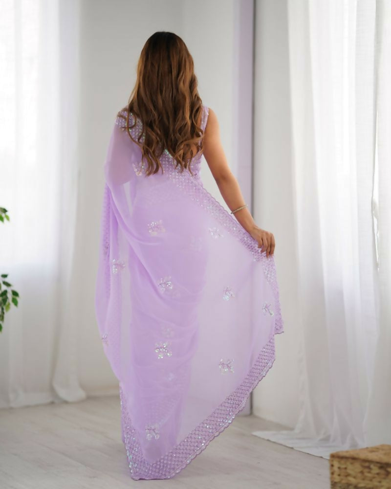 Attractive Looking Georgette Thread, Sequance Embroidery Work Party Wear Saree - Lavender
